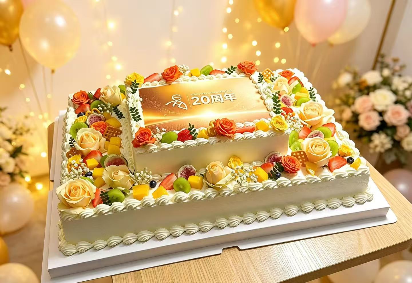为深圳市易创达科技有限公司20 周年庆定制的双层大蛋糕